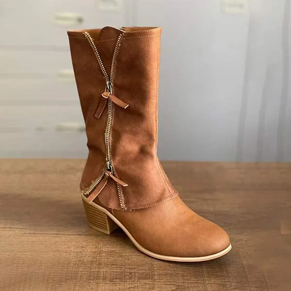 Women'S Medium Chunky Heel Side Zip Leather Boots 75581367C