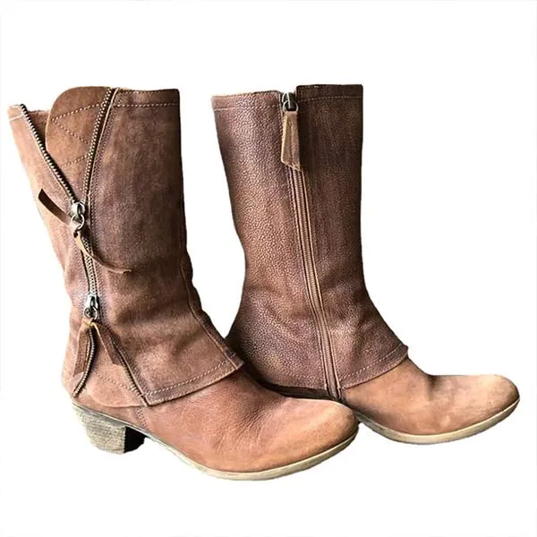 Women'S Medium Chunky Heel Side Zip Leather Boots 75581367C