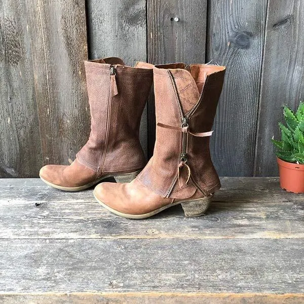 Women'S Medium Chunky Heel Side Zip Leather Boots 75581367C
